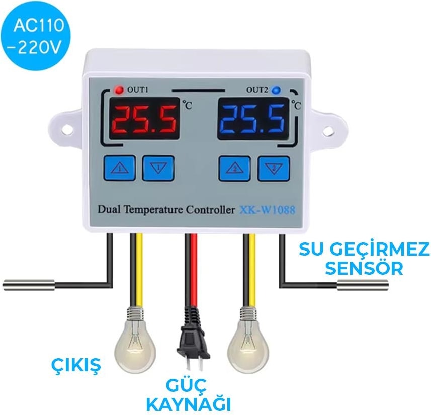 XK-W1088 Ac 110-220V Çift Dijital Göstergeli Termostat Sıcaklık Kontrol Cihazı 1500W