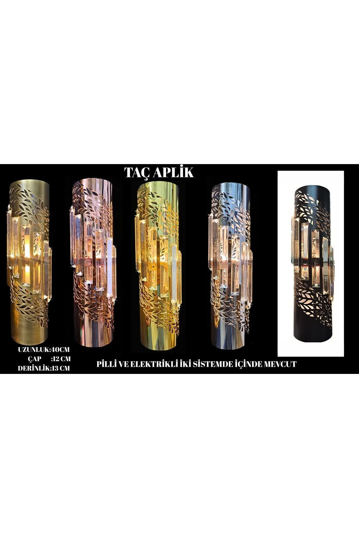 Taç Aplik Gold, Pilli Aplik, Anahtarlı, Pilli Elektrikli Ledli Duvar Aplik, Gece Lambası