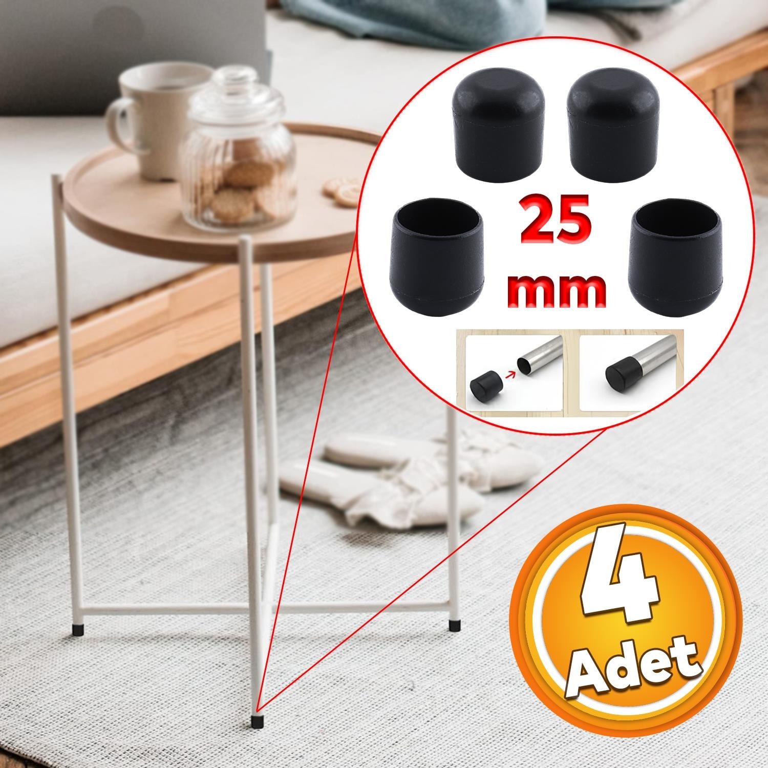 Masa Sandalye Sehpa Ayak Tapası Tıpa Profil Takozu Pabucu Siyah 25 Mm Parke Zemin Koruyucu 4 Adet