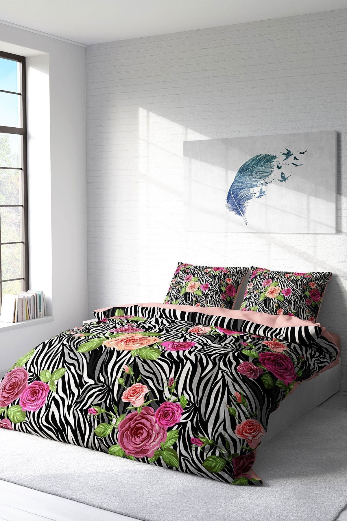 Nevresim Takımı %100 Doğal Pamuk Çift Kişilik 3d Digital Zebra Flower