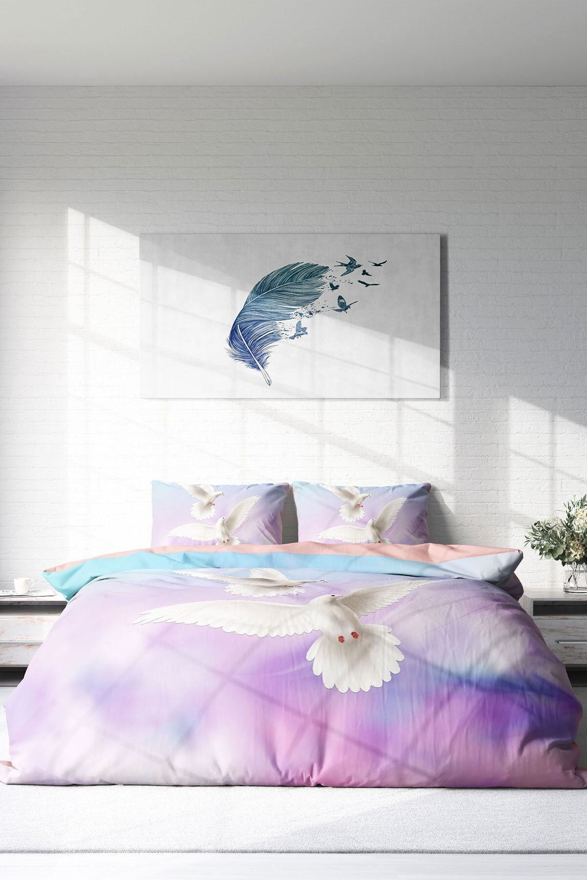 Nevresim Takımı %100 Doğal Pamuk Çift Kişilik 3d Digital Pigeon