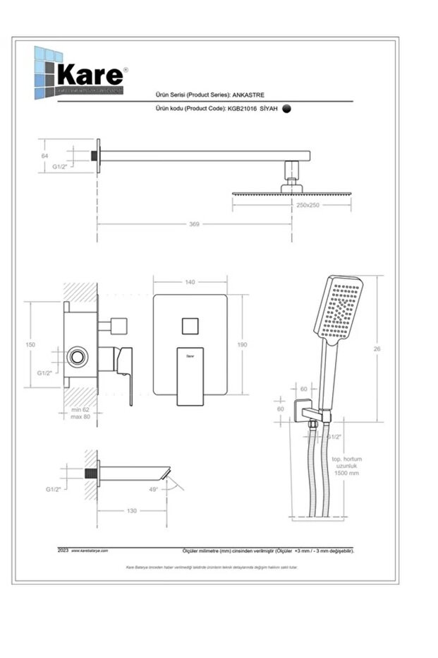 ANKASTRE SİYAH BANYO SETİ 3 YOLLU
