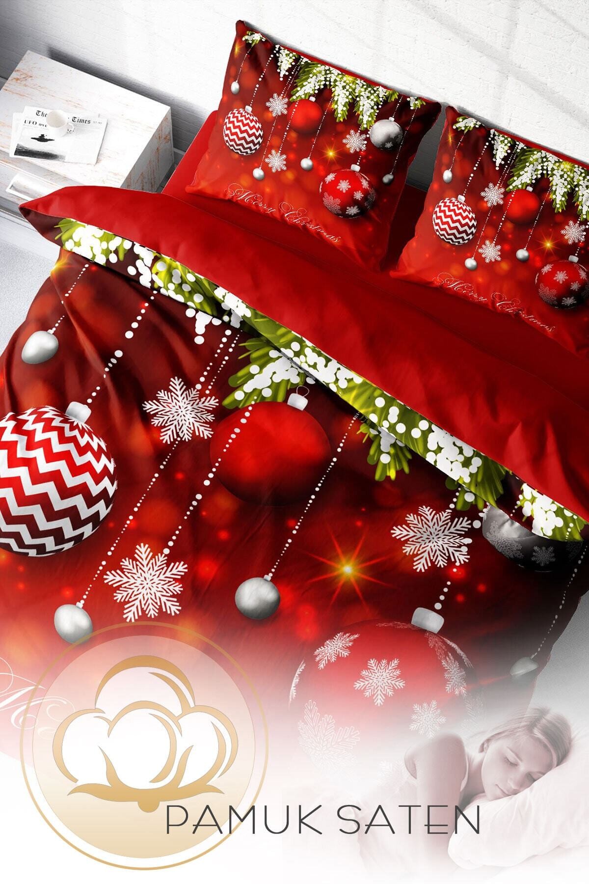 Kıng Sıze Yılbaşı Nevresim Takım %100 Doğal Pamuk Saten Noel Çift Kişilik Balls 220x240cm