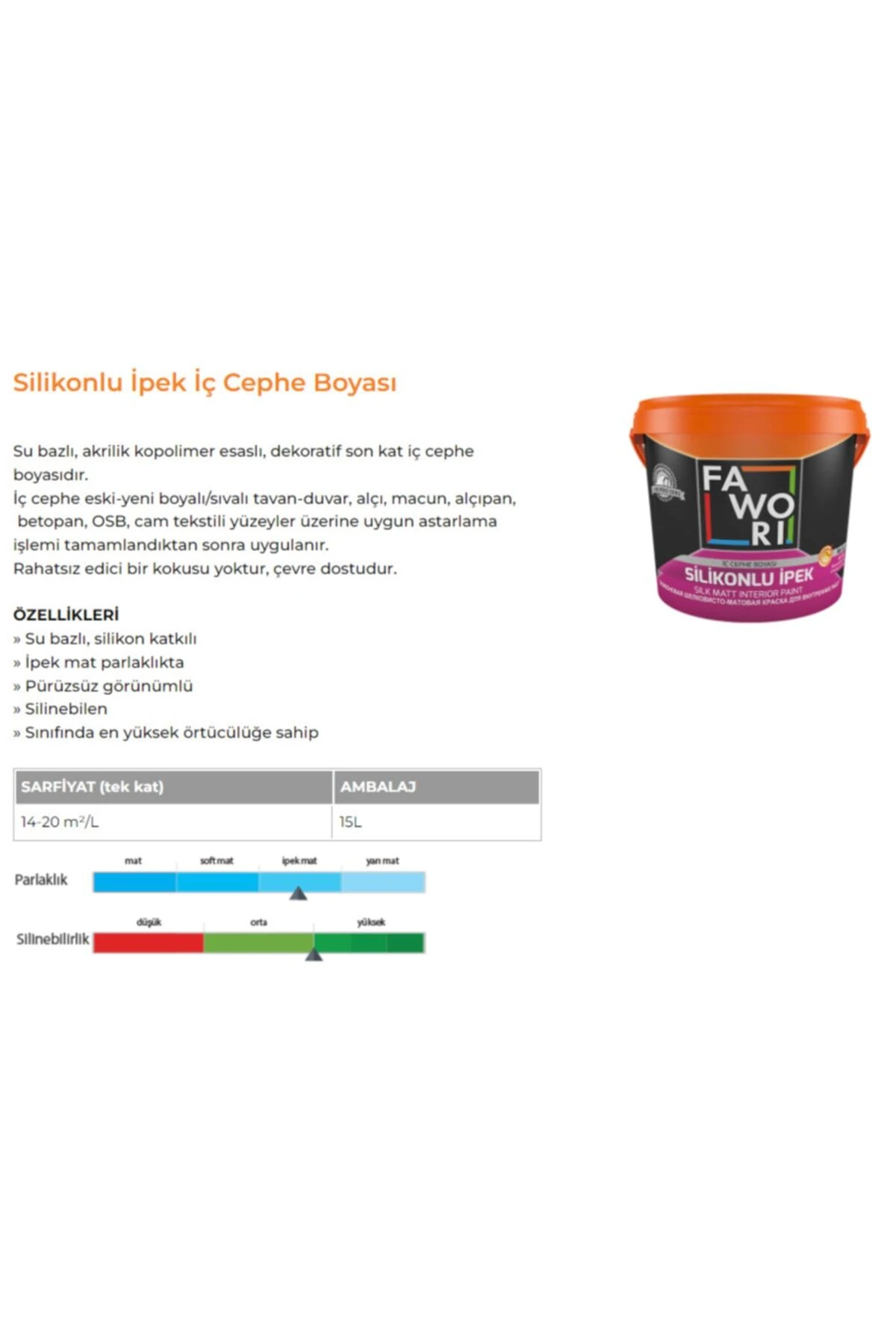 Silikonlu Ipek Iç Cephe Boyası Beyaz 15 L