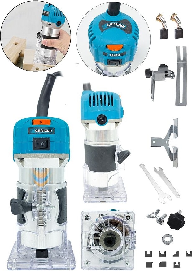 BOSCH 6 Kademe Devir Ayarlı Formika Traşlama Freze Makinesi 6 mm + 12 Adet Uç Hediye-Mavi