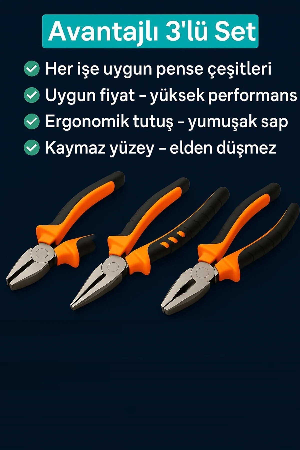 3’lü Pense Seti | 7” Kombine Pense + 6” Yan Keski + 6” Kargaburun | Elektrik & Tamir Aletleri