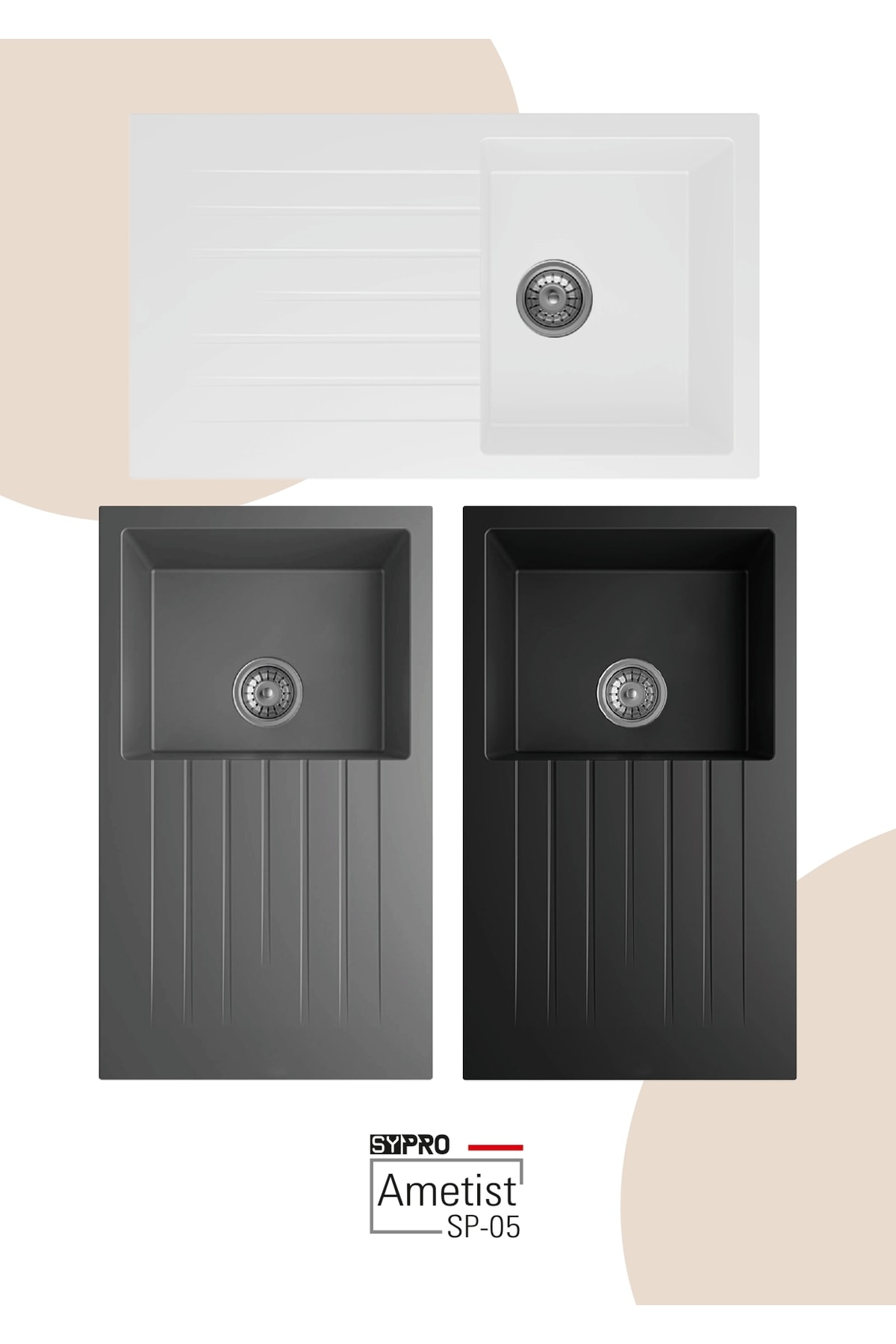 Granit Eviye | Kare Izgaralı | Beyaz | Ametist SP07 | Evye