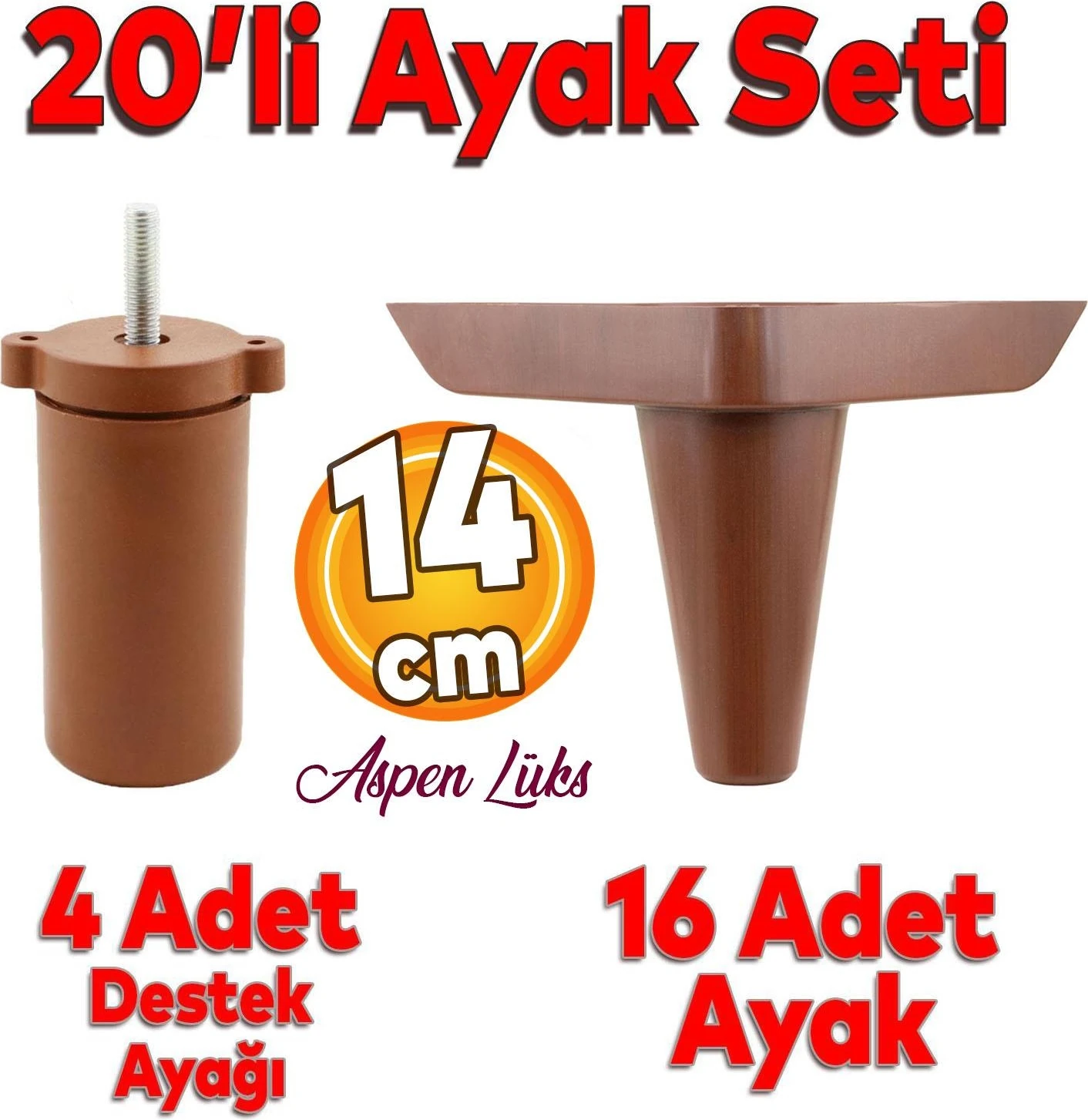20'li Set Aspen Lüks Mobilya Koltuk Kanepe Tv Ünitesi Yükseltme Destek Ayağı 14 cm Kahve Ayakları