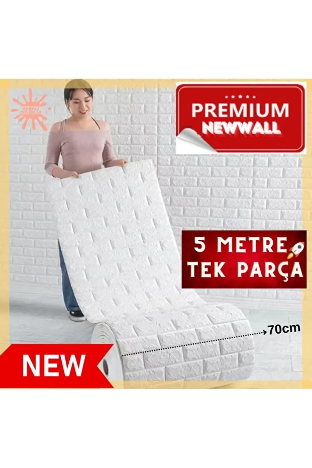 Kendinden Yapışkanlı Duvar Kağıdı Esnek Köpük Paneli 70x500cm (3,5 m2) Beyaz 3d Tuğla Desen Ev Ofis