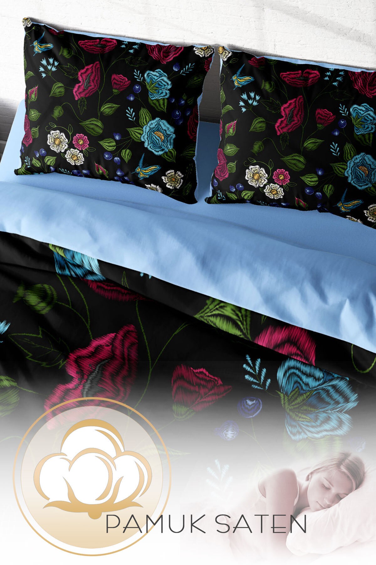 Lastikli Çarşaflı %100 Pamuk Saten Çift Kişilik Nevresim Takımı Flower Black