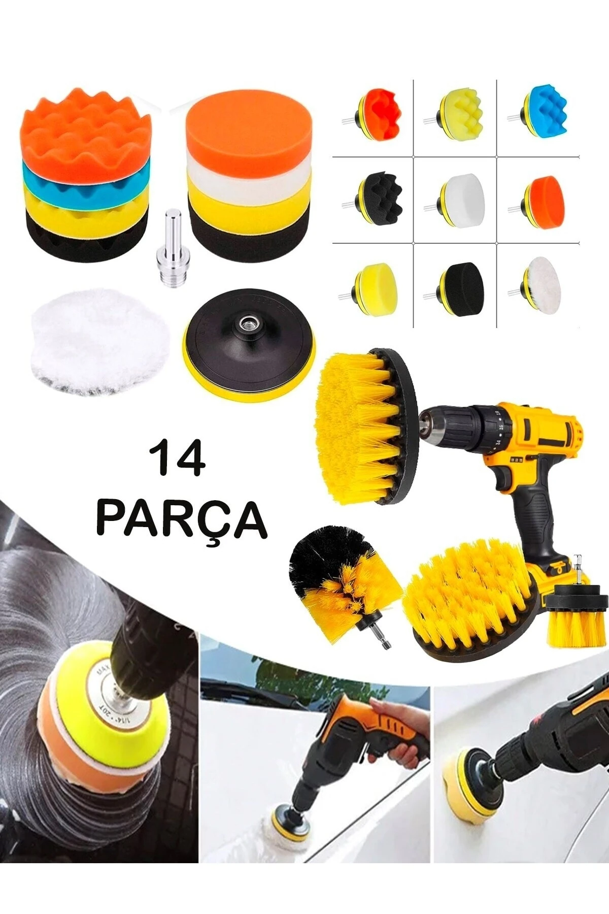 Profesyonel 14 Parça Pasta Cila Polisaj Süngeri Seti Matkapa Uyumlu Fırça Seti Parlatma