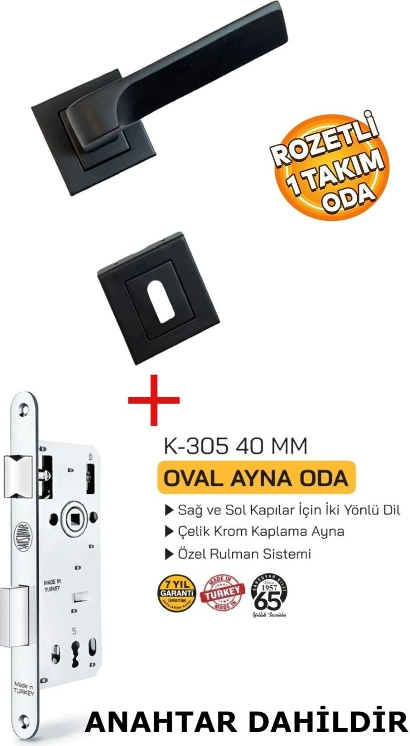 Paslanmaz Çelik Siyah Kare Kapı Kolu ve Kilit Seti, 40 mm