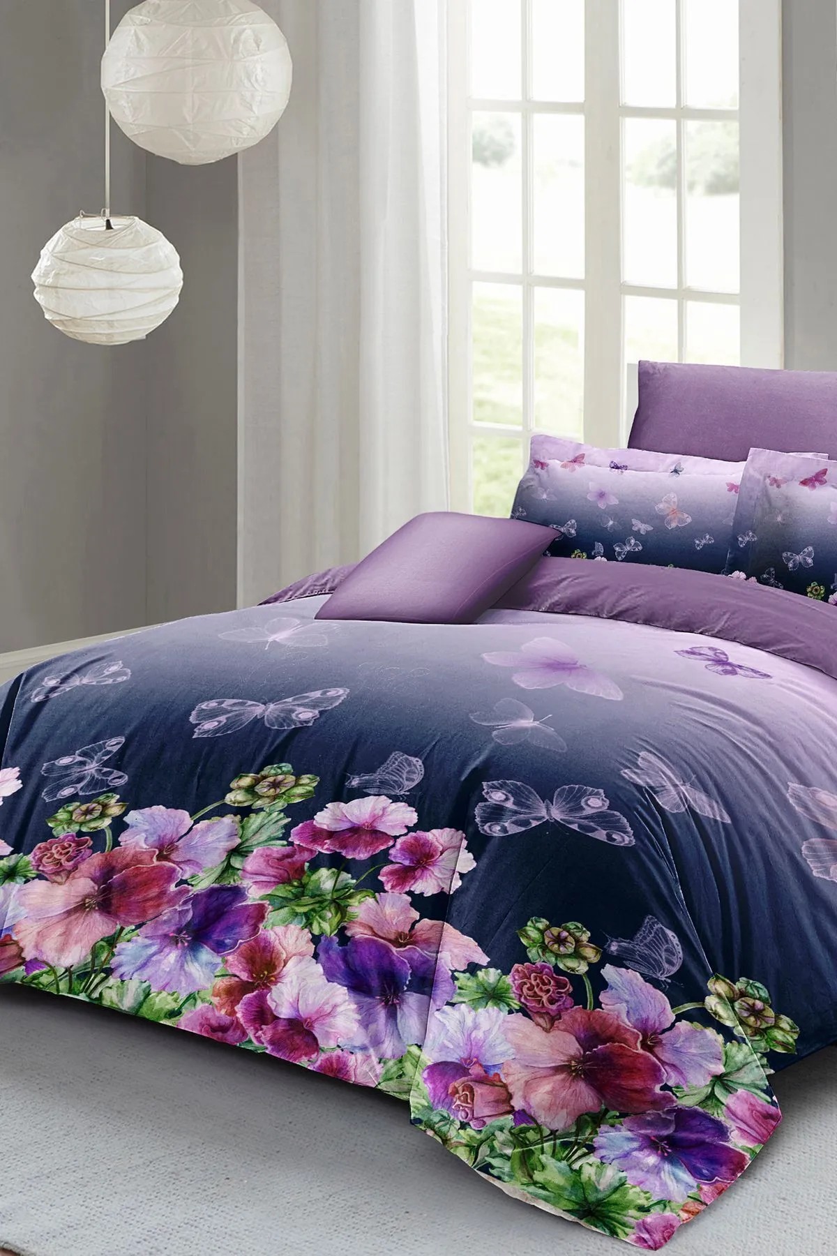 Anneler Günü Çift Kişilik Nevresim Takımı Özel Dokuma Pamuk Saten Butterflies Dream