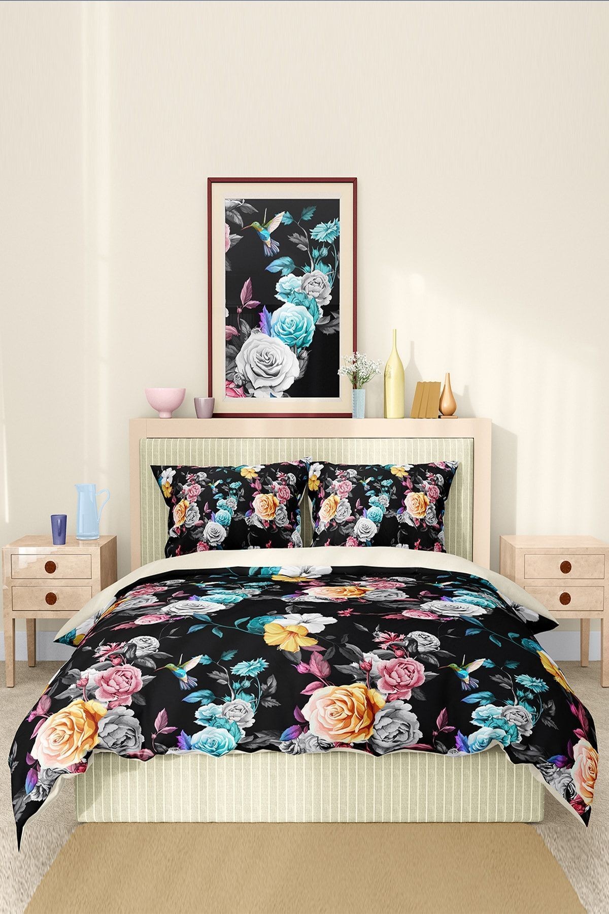 %100 Pamuk Saten Nevresim Takımı Lastikli Çarşaf Deluxe Çift Kişilik 3d Black