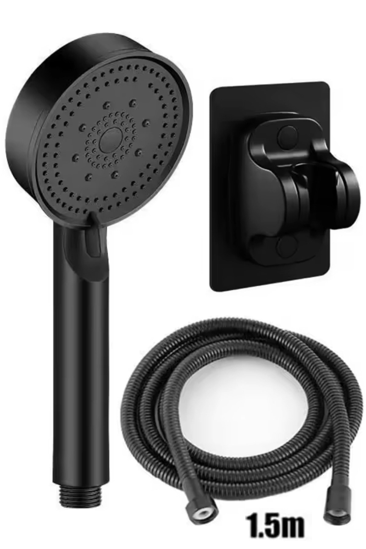 Tayzikli Yüksek Basınçlı Siyah Duş Başlığı Yapışkanlı Duş Mafsalı 150cm Hortumlu Duş Seti