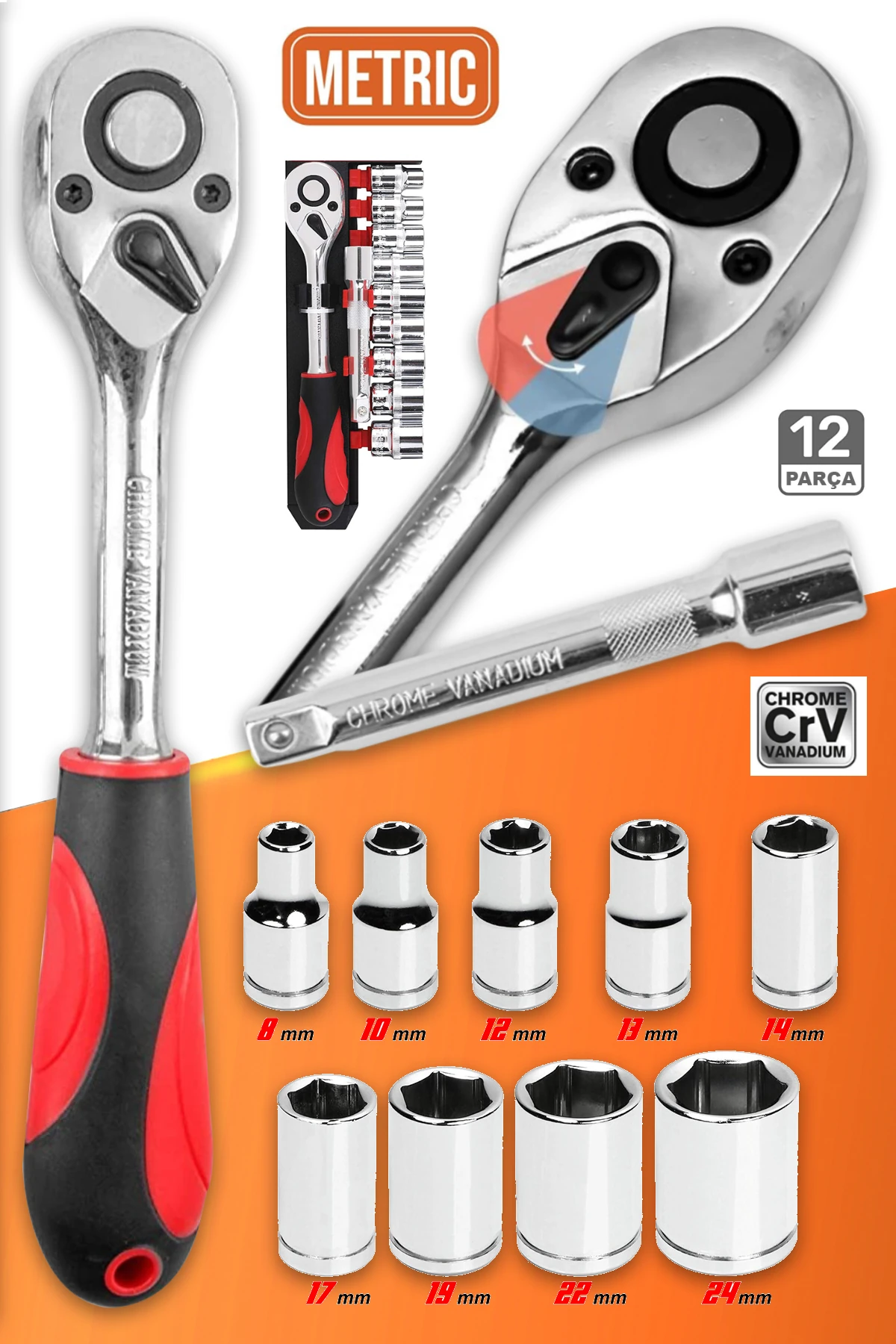 8 mm - 24 mm 12 Parça Cırcırlı Lokma Takımı Seti Standlı Cr-V Çelik Lokma Anahtarı Seti  1/2"