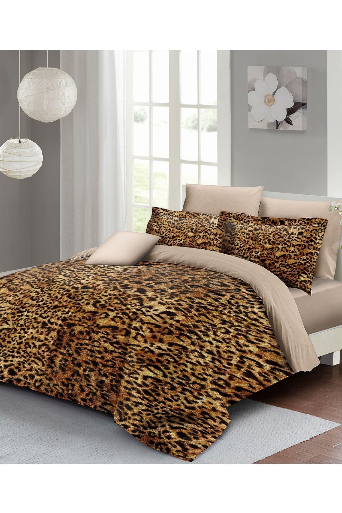 Leopar Lastikli Çarşaflı %100 Pamuk Saten Çift Kişilik Nevresim Takımı Golden Leopard