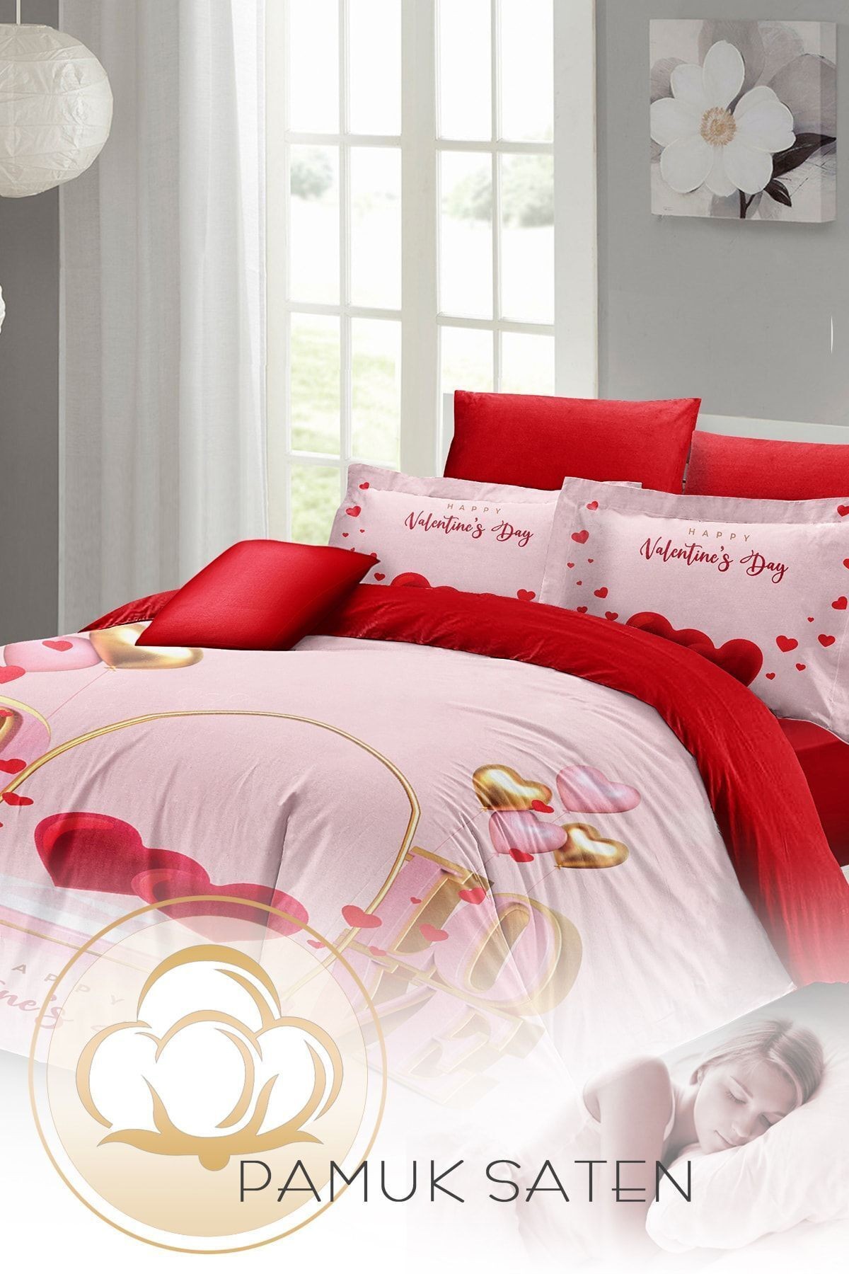 Çift Kişilik ( Lastikli Çarşaflı ) Sevgililer Günü Nevresim Takımı % 100 Pamuk Saten Valentine's