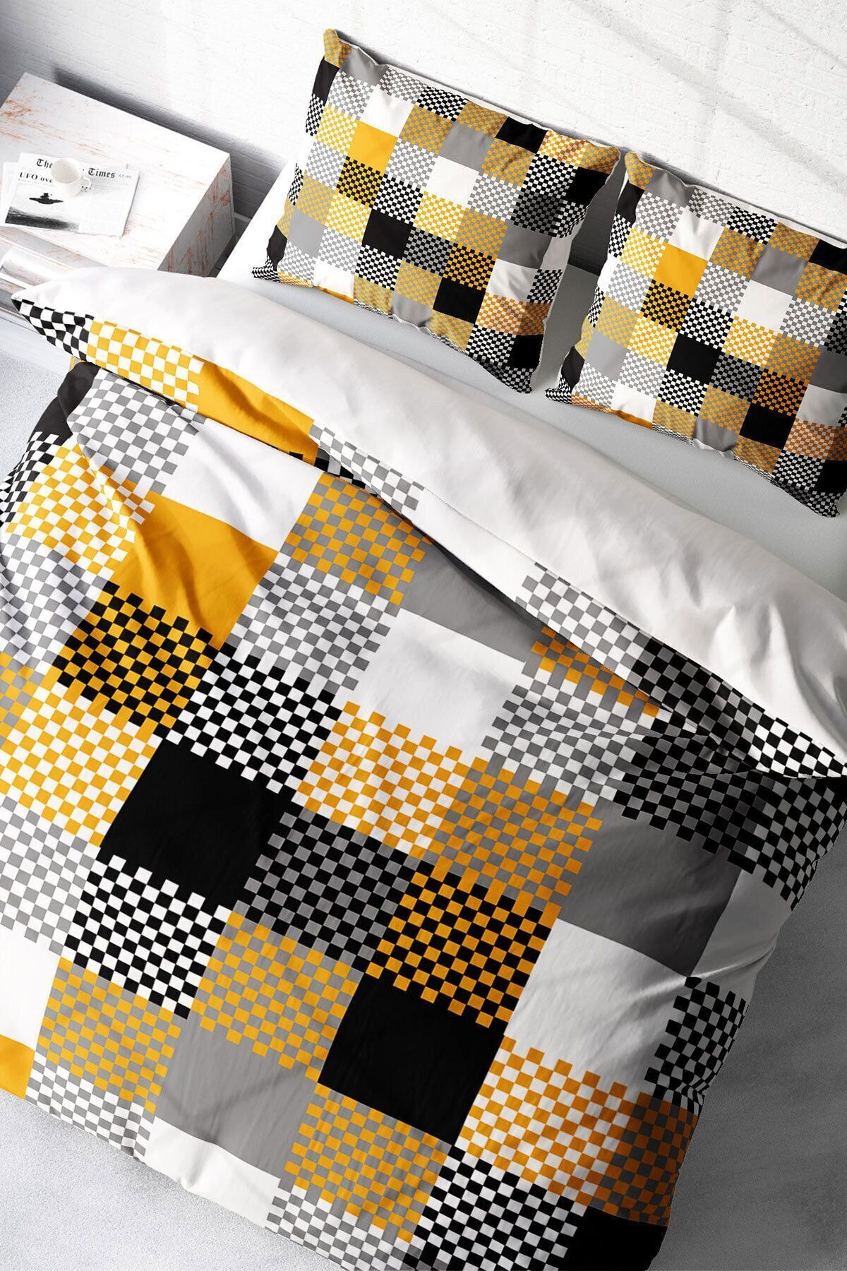 Lastikli Çarşaflı %100 Pamuk Saten Çift Kişilik Nevresim Takımı Checkers Gray