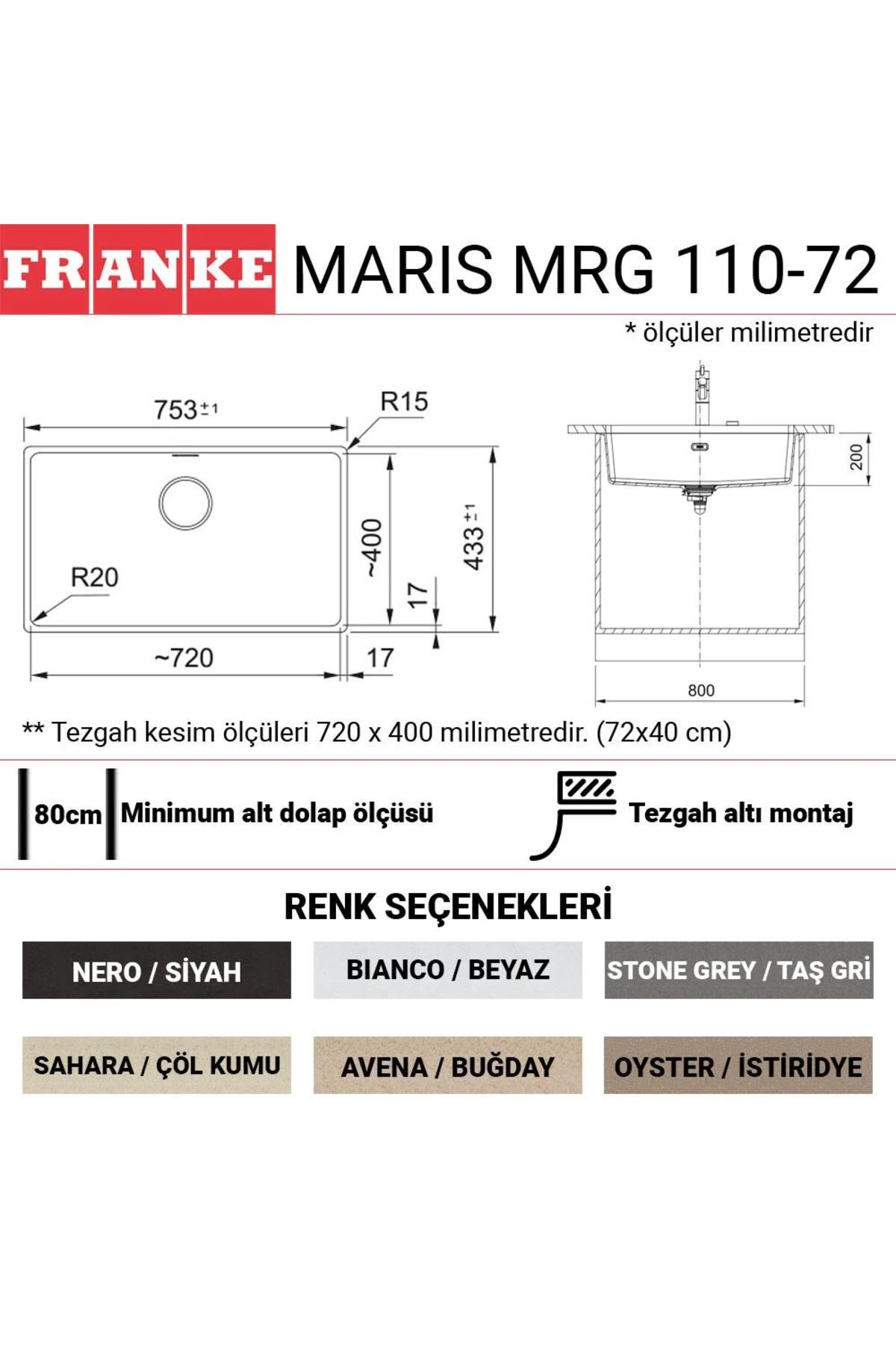 MRG 110-72 Granit Evye, Stone Grey, Tezgahaltı, Tek hazne, 72x40 cm