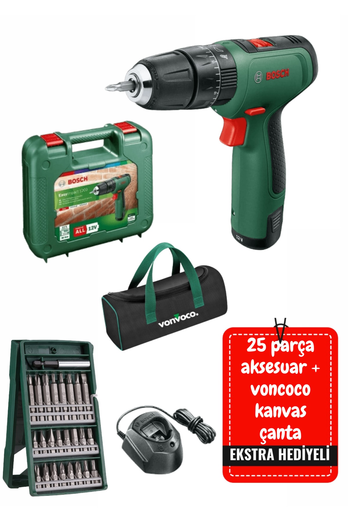 BOSCH EasyImpact 1200 Şarjlı Darbeli Matkap Tek Akülü  Yeşil  Vidalama Makinesi 18V 1.5 Ah