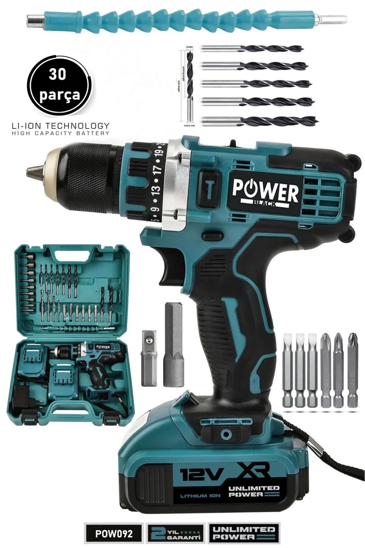 POWERBLACK 12v Çift Akülü Vidalama Çelik Mandren Şarjlı Matkap
