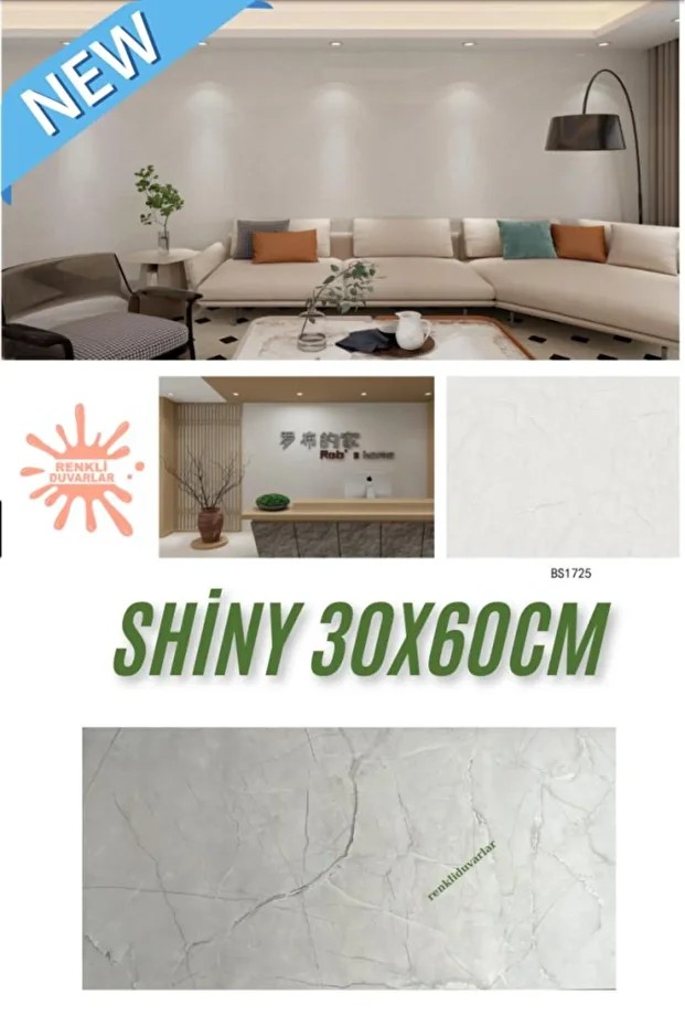 BS1725 Shiny 10m2 55 Adet 30x60cm Yapışkanlı  Mermer Desenli Karavan Banyo Wc Duvar Kaplama Paneli
