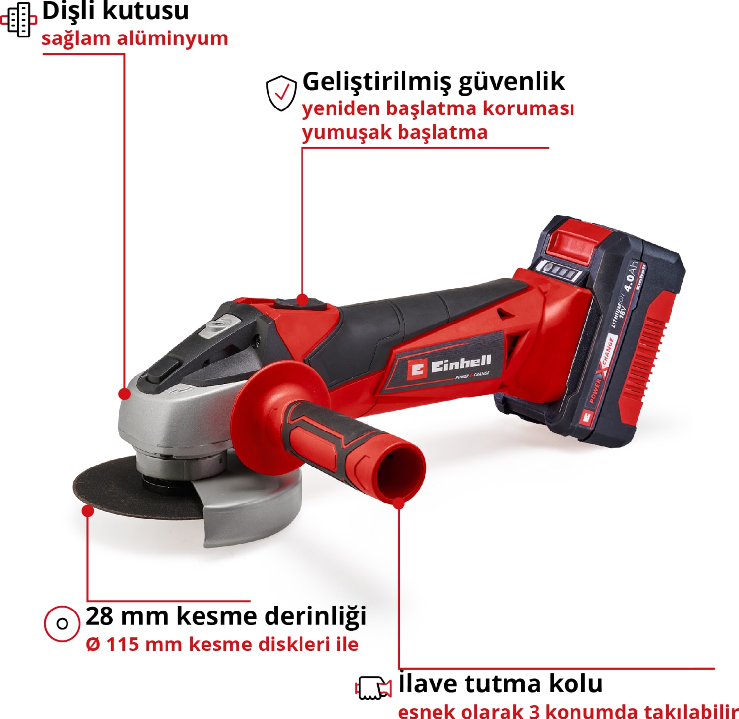 Akülü Avuç Taşlama TC-AG 18/115 Li Kit Power X-Change (18 V, 115 mm disk çapı, 28 mm kesme derinliği, softstart, 4.0 Ah akü ve şarj cihazı dahil) - 4431133
