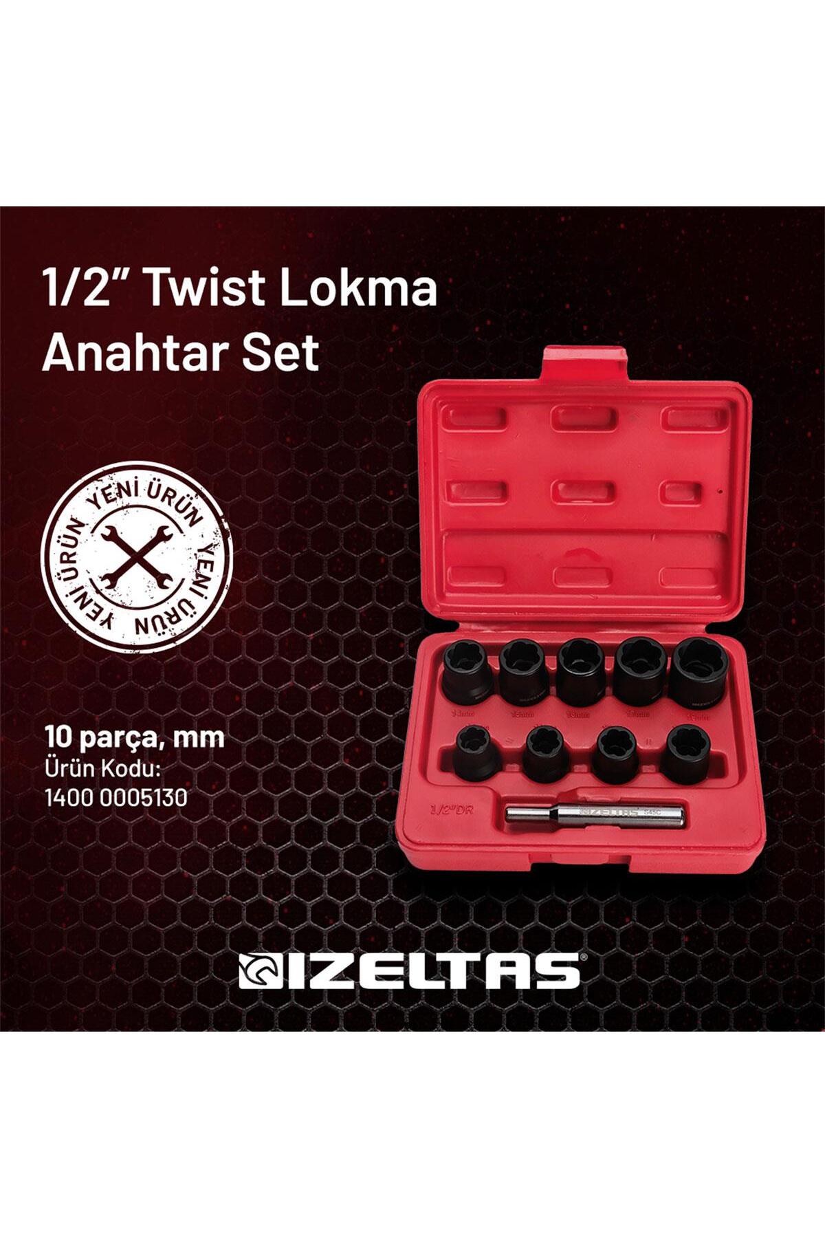 İZELTAŞ 1/2" Twist Lokma Seti Hasarlı Civata, Somun Sökme 10 Parça