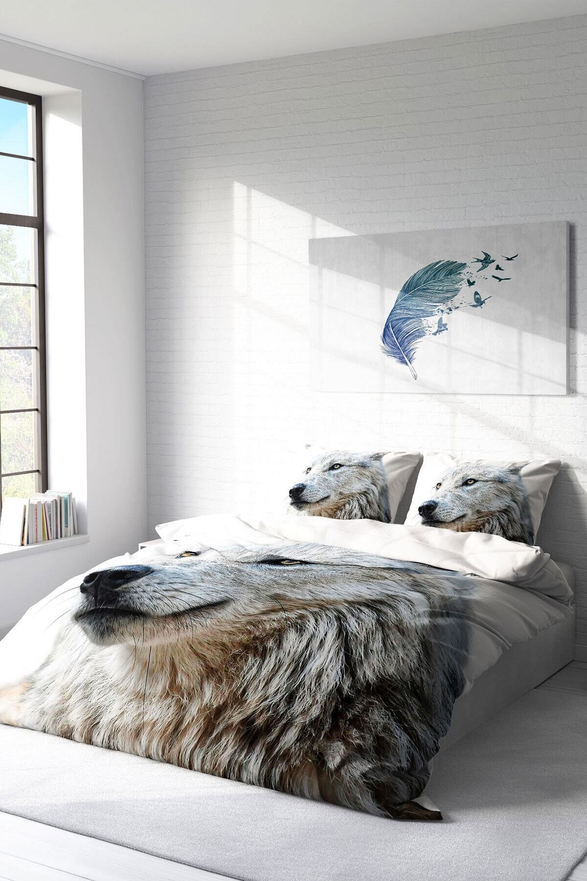 Kıng Sıze White Wolf Naturel Çift Kişilik Nevresim Takımı 220x240cm