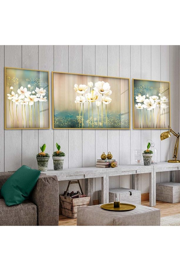 Gold Metal Çerçeveli Beyaz Çiçekler Üçlü Kırılmaz Cam Tablo Seti