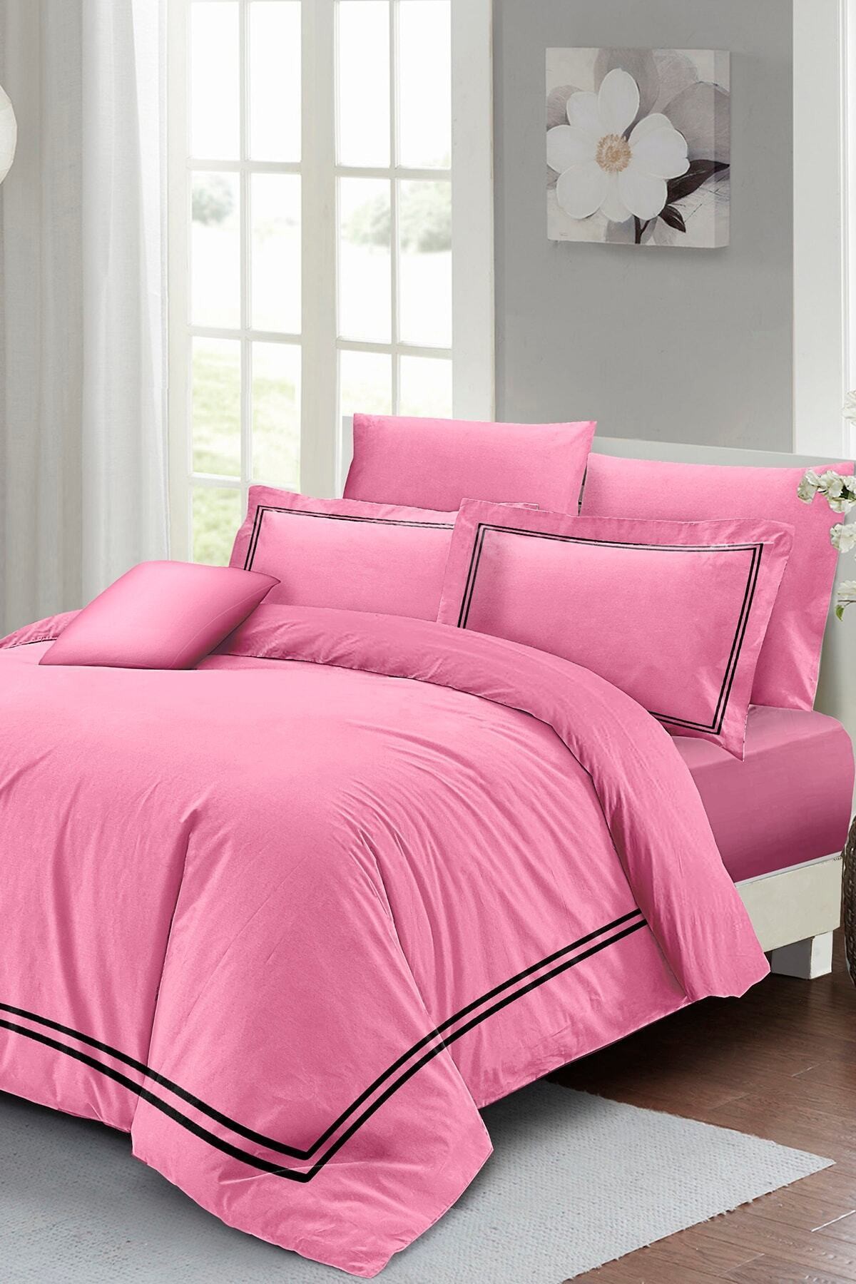 Kıng Sıze Çift Kişilik Nevresim Takımı %100 Luxury Pamuk Saten Pembe 220x240cm