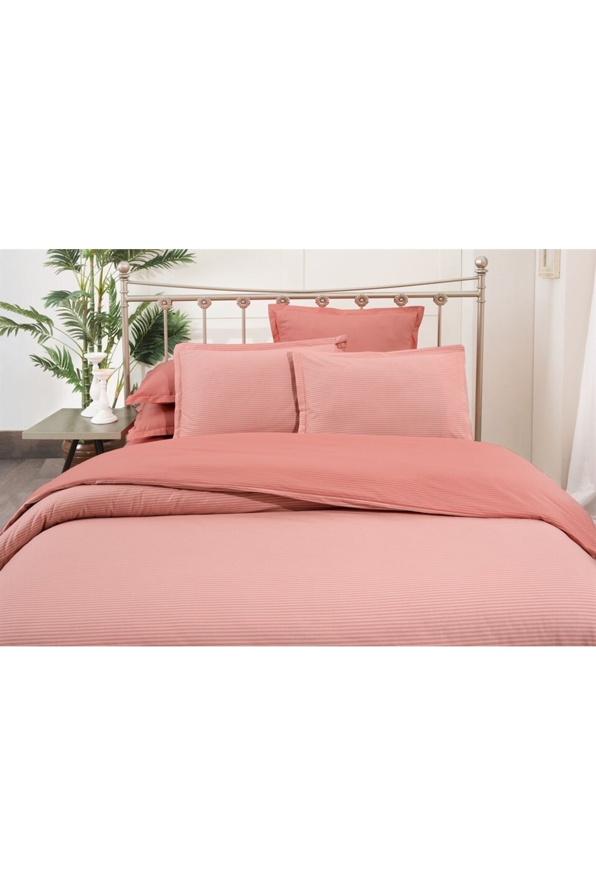 Solid Fancy Stripe Poplin Nevresim Takımı King Size V3