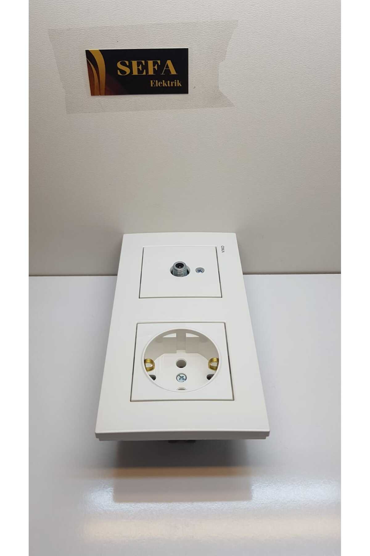 TOPRAKLI PRİZ UYDU PRİZİ ÇERÇEVELİ İKİLİ TAKIM BEYAZ  KARRE