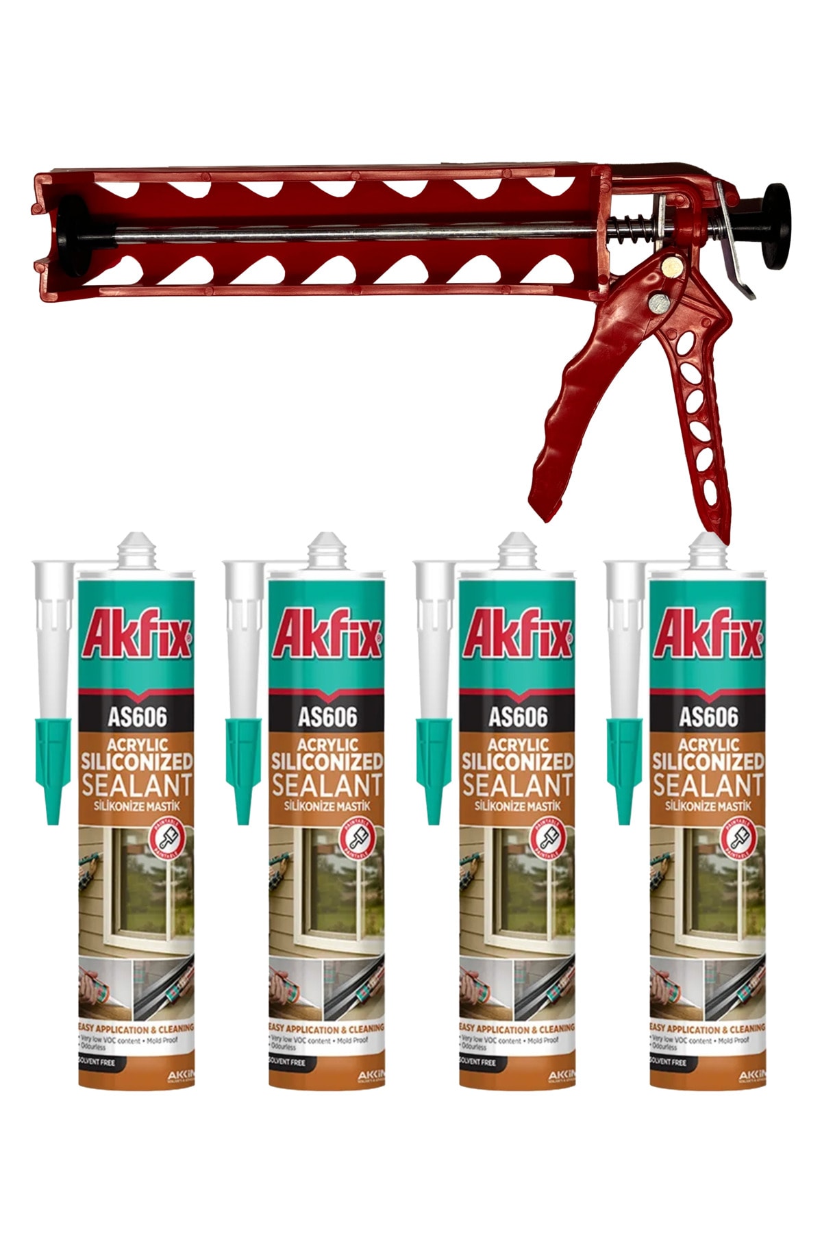 SİLİKONİZE MASTİK-DUVAR ÇITASI YAPIŞTIRICISI 4 ADET BEYAZ- SİLİKON TABANCASI SET