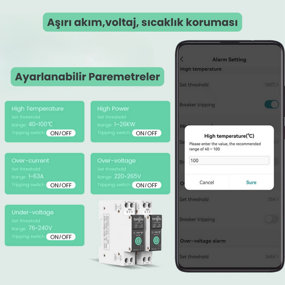 63 Amper WiFi Akıllı Sigorta - Güç Ölçüm Özellikli (Tuya, Smart Life Uyumlu )