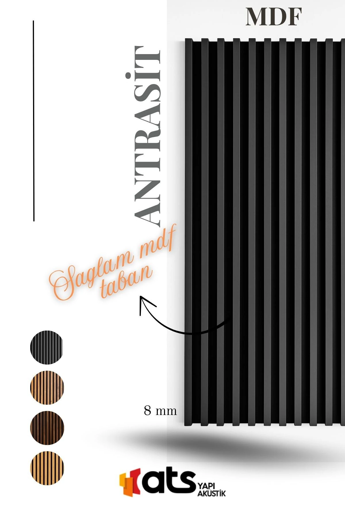 Antrasit Renk MDF Tabanlı Duvar Paneli 24x240 cm – Akustik Çıtalı Panel | 8 mm Kalınlık