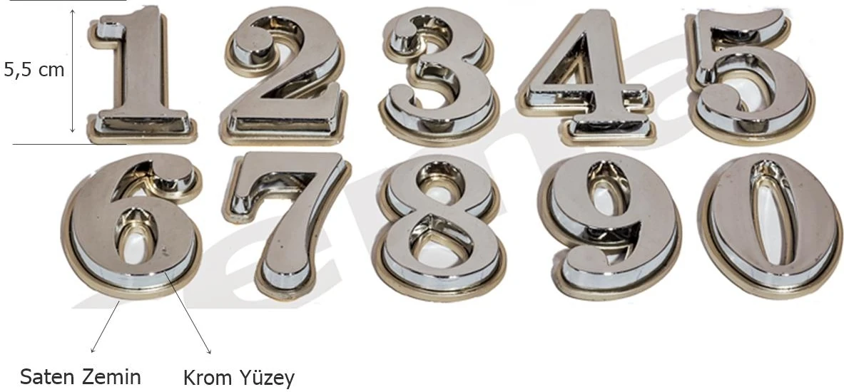 Yapışkanlı Lüx Rakam 5,5 cm Saten-Krom Çift Renk Çelik Kapı Için ( 1 Adet Rakam Fiyatıdır Set Değildir )
