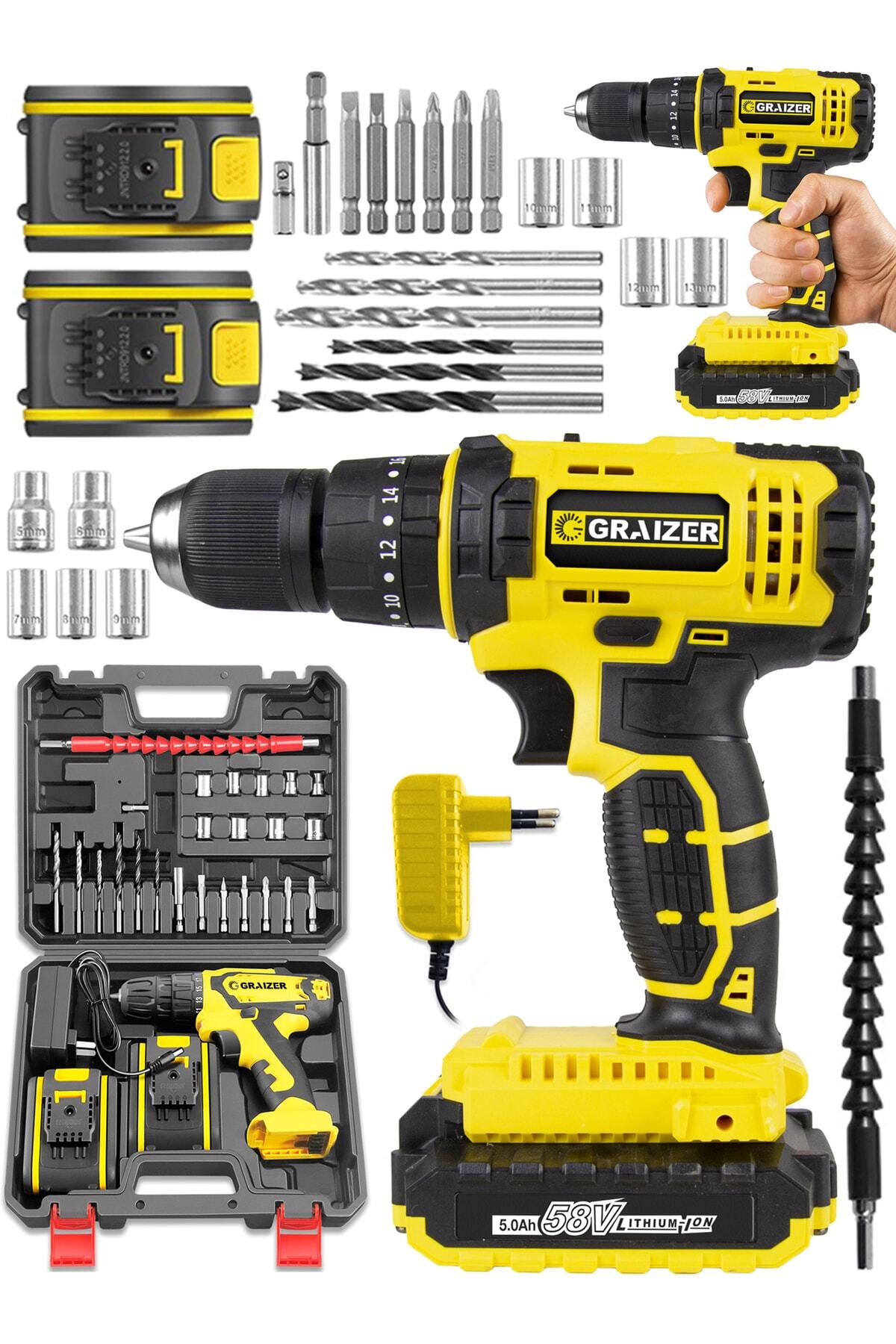 Alman G-r-z 58 V 5 Ah Darbeli Bakır Sargili Çelik Şanzuman Şarjlı Çift Akülü Vidalama Matkap