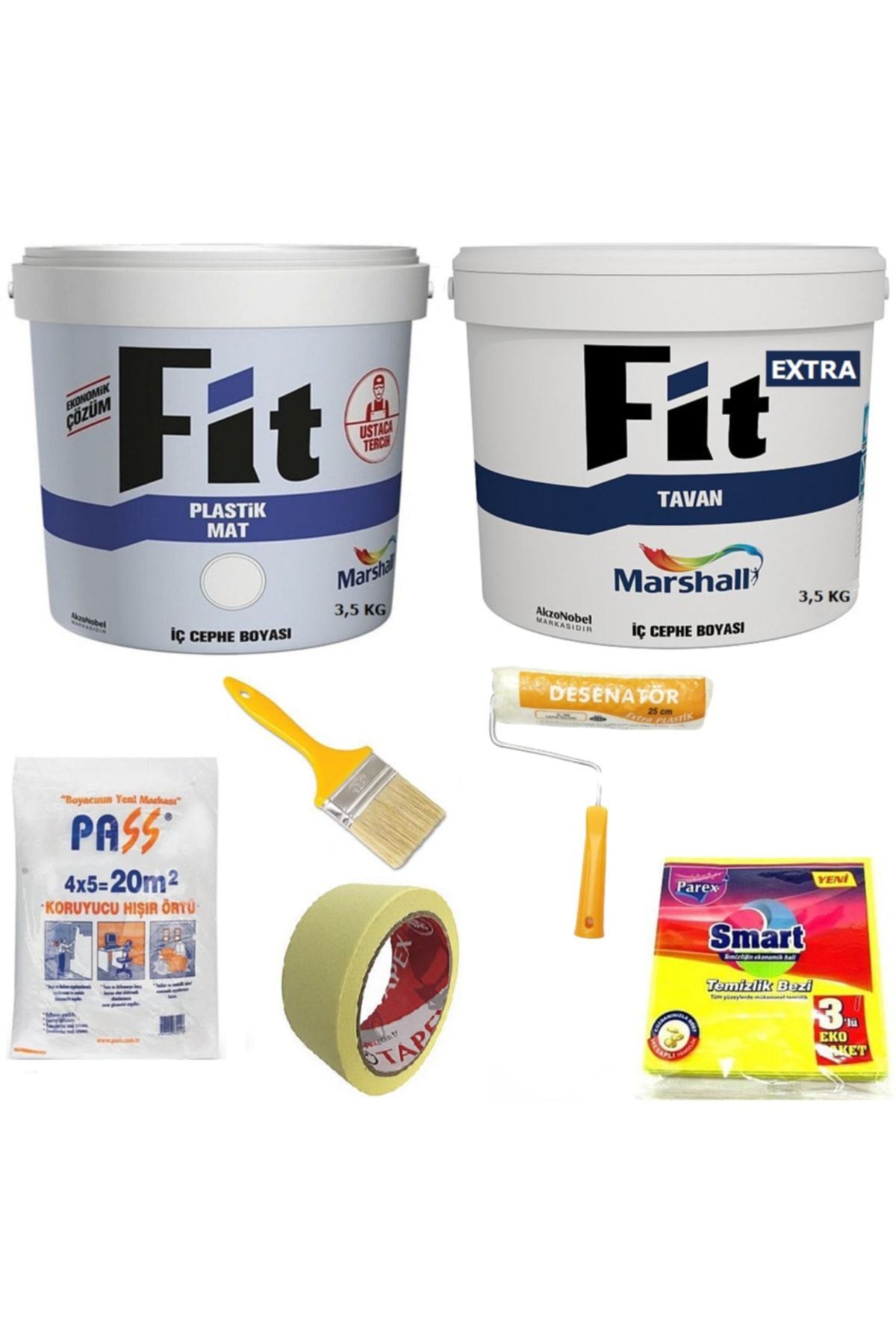 Fit Plastik Iç Cephe Boyası 3.5 Kg + Fit Extra Tavan Boyası 3.5 Kg + 5 Parça Boyama Seti -