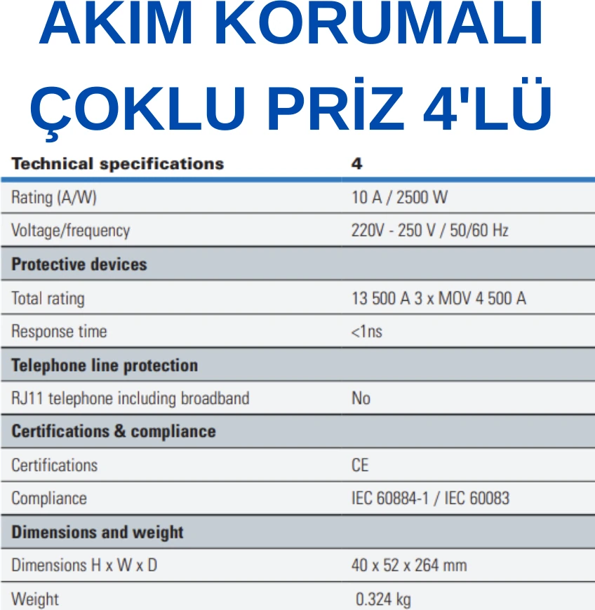 Akım Korumalı Priz (4'lü Schuko)  Protection Strip 4 DIN - PS4D