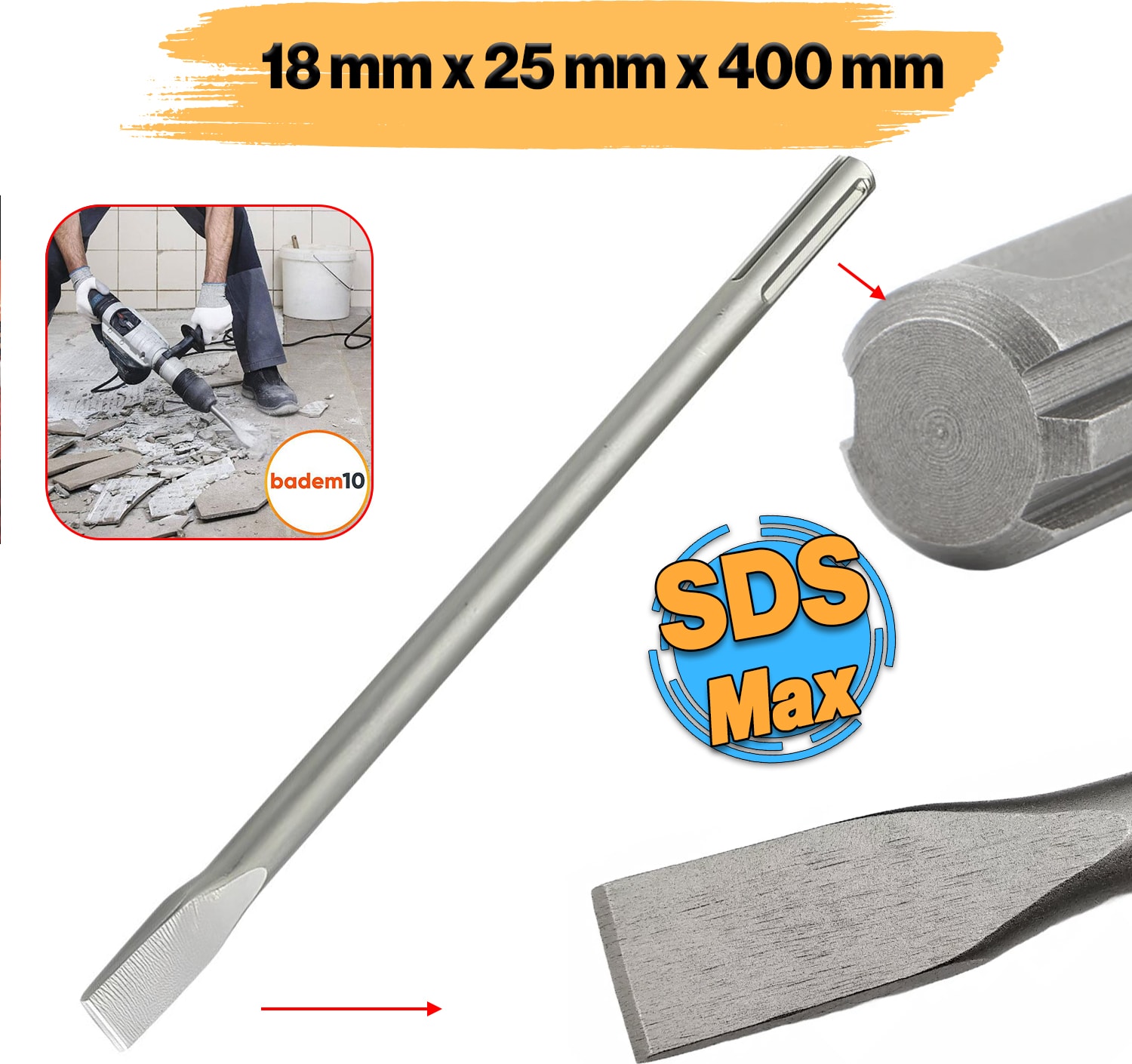 Sds Max Şaftlı Keski 18 mm x 400 mm x 25 mm Hilti Ucu Beton Taş Kaya Kırıcı Kırma Adaptörü