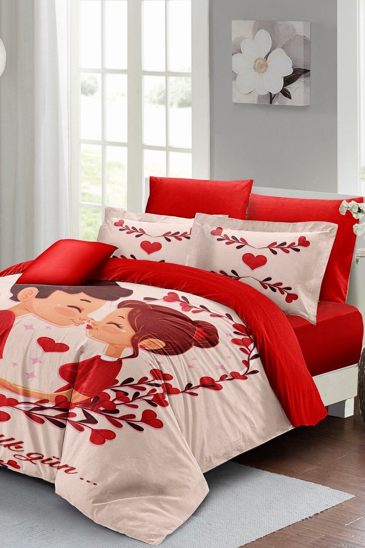 Kıng Sıze Sevgililer Günü Çift Kişilik Nevresim Takımı%100 Pamuk Saten Ilk Aşk 220x240cm