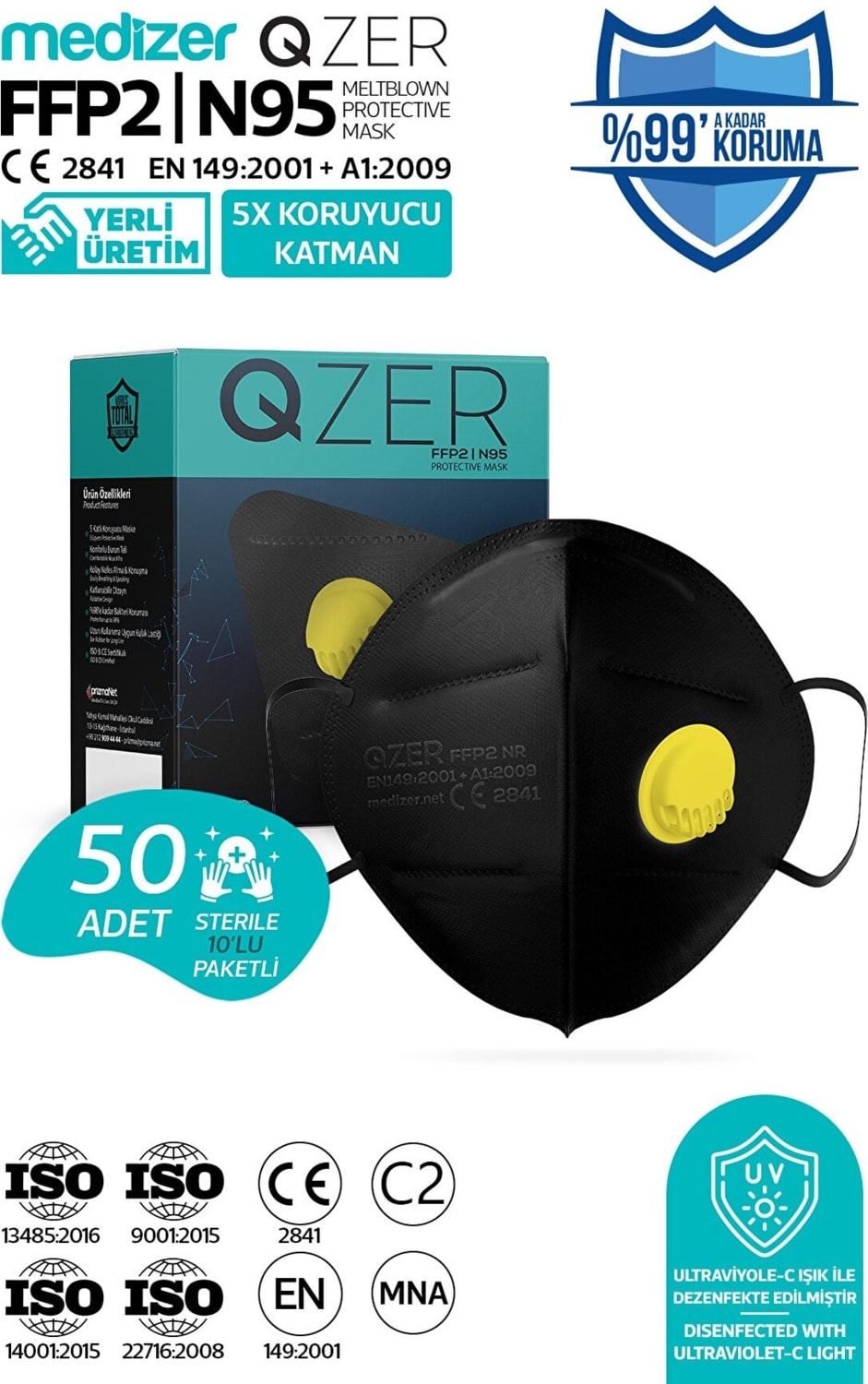 Qzer Siyah 5 Katlı Ventilli Ffp2 Nr N95 Maske