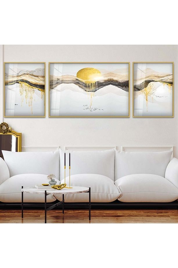 Gold Metal Çerçeveli Kolaj Çizim Dağ Manzara Üçlü Kırılmaz Cam Tablo Seti