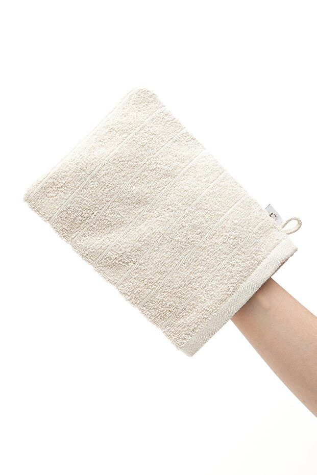 Havlu Banyo Kesesi %100 Pamuk Bukle 2'li Set Çizgili-Kapama Bordürlü Krem 15x20 Cm