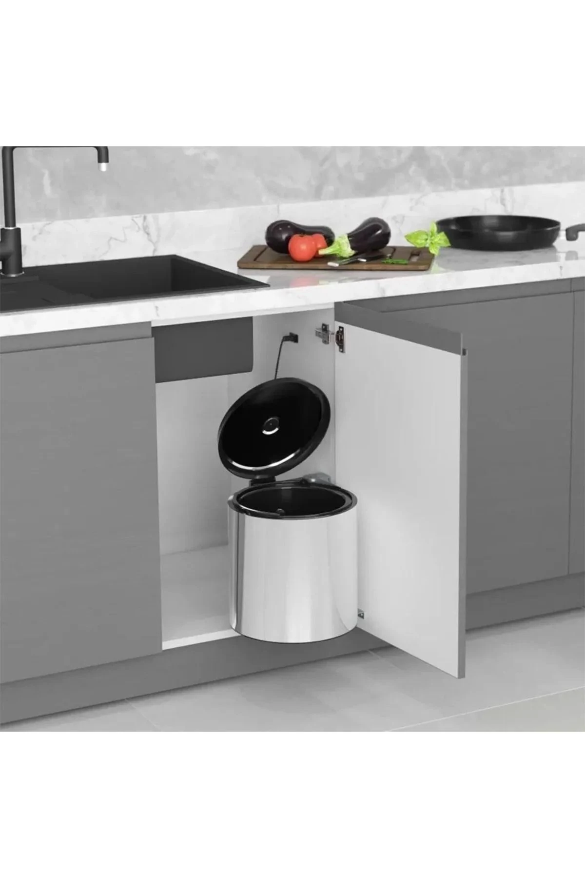 Dolap Içi Çöp Kovası Kapağa Monte 11 Litre Çöp Kovası Mutfak Tezgah Altı Çelik Otomatik Kapak 11 Lt