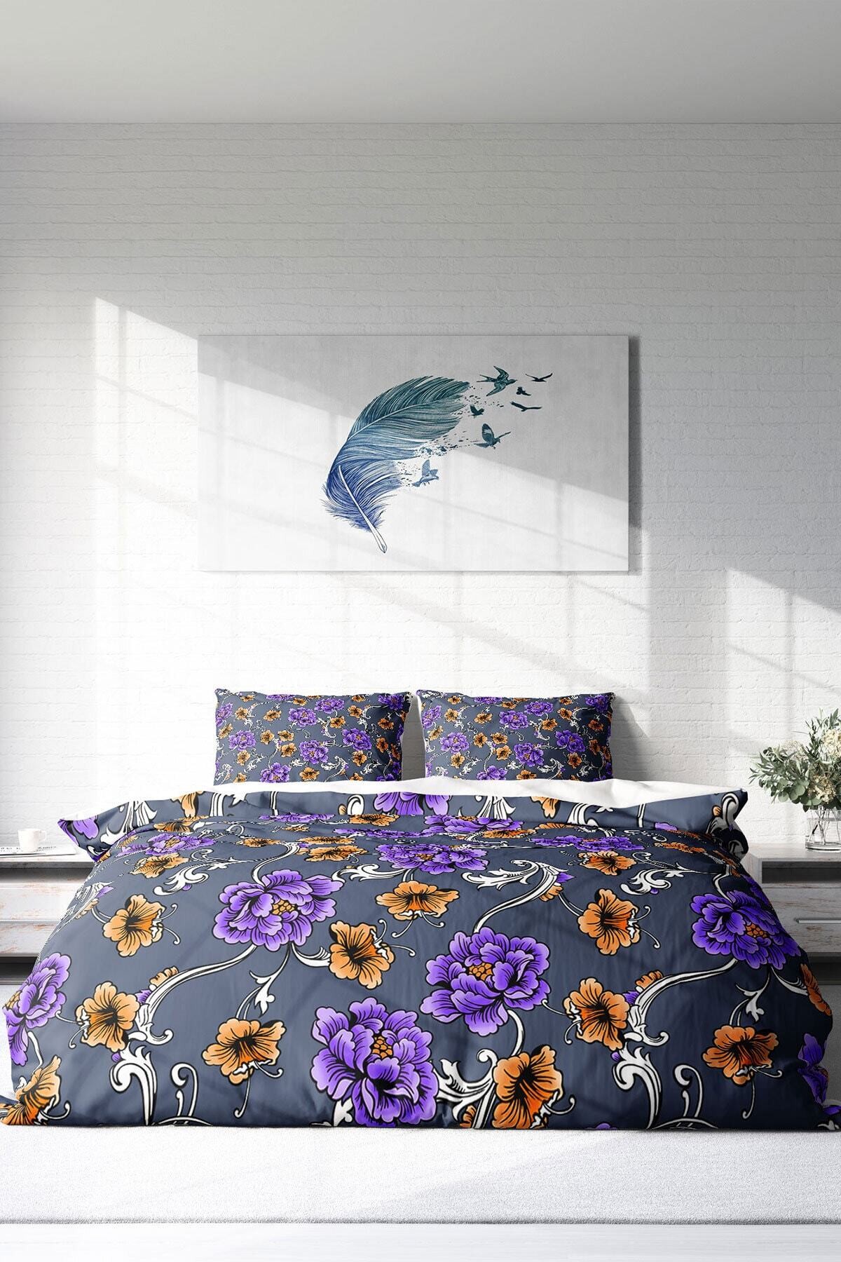 Kıng Sıze Purple Floral Naturel Çift Kişilik Nevresim Takımı 220x240cm