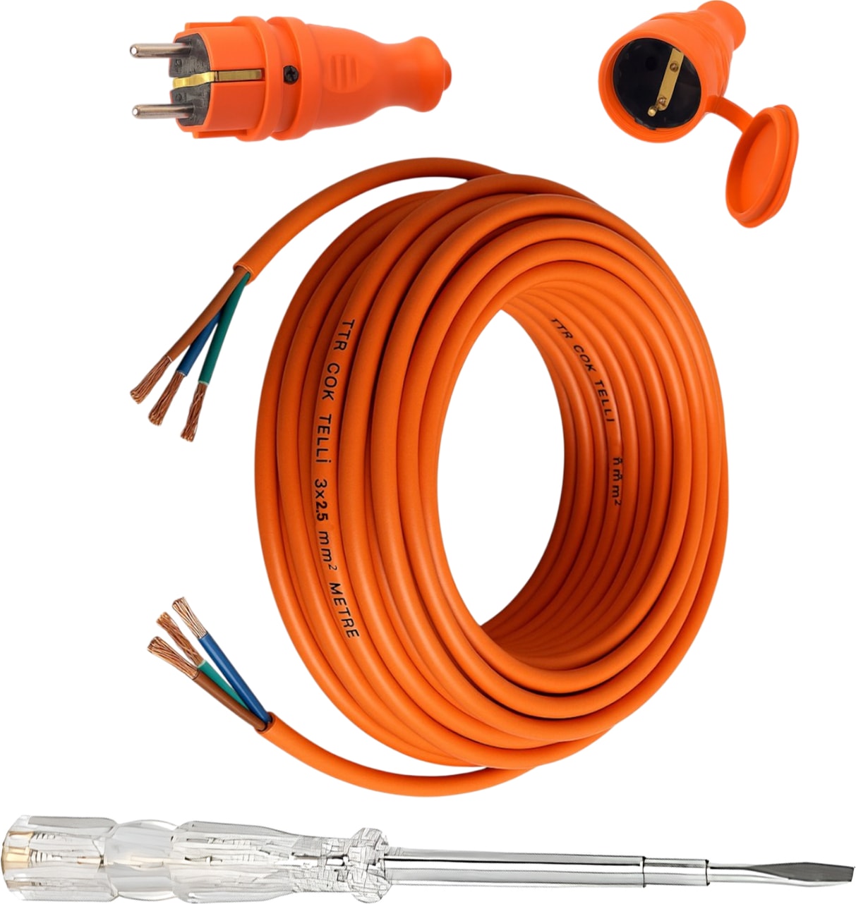 Seyyar 15 Metre Uzatma Kablosu Ttr Cca Çok Telli 3x2.5 mm Elektrik Kablo Kontrol Kalem Dişi Erkek Fiş