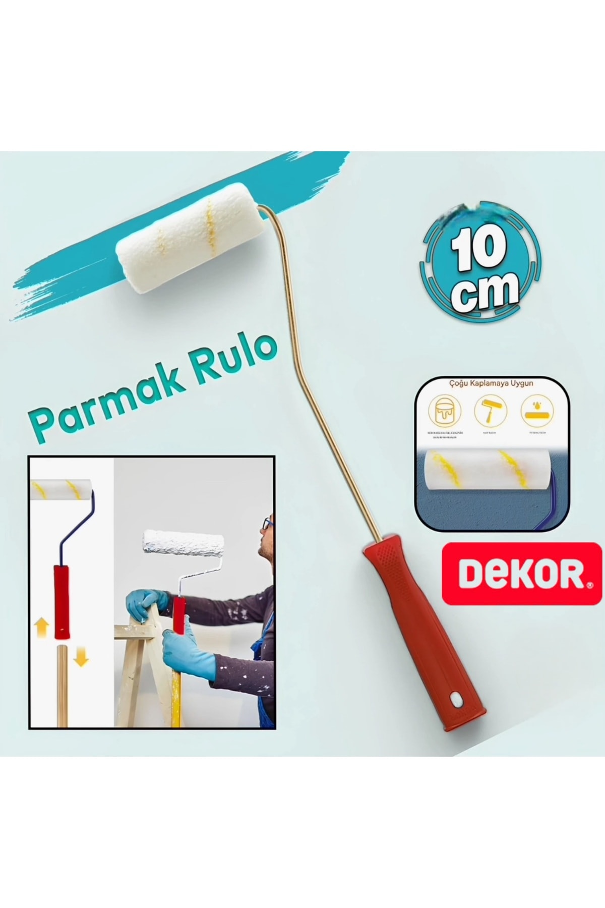 DEKOR 1084 Boya Rulosu Saplı Duvar Boya Rulosu Fırça Saten Parmak Boyama Tadilat Rulosu 10 cm